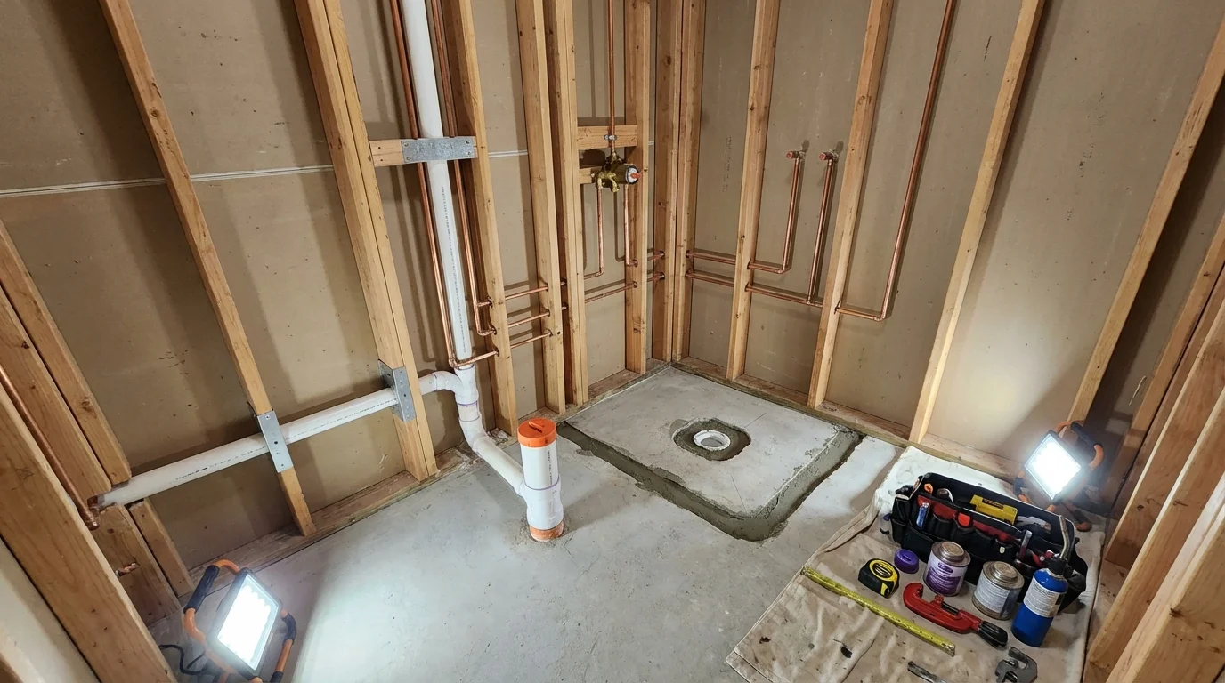 Bathroom rough-in plumbing during remodel by Johns Plumbing LLC in Hampton Bays