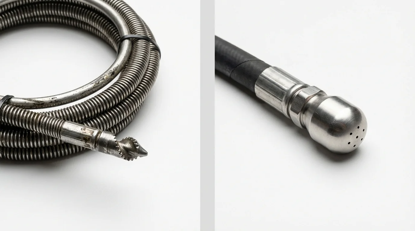 Drain snake cable and hydro jetting nozzle used for drain cleaning in Hampton Bays, NY
