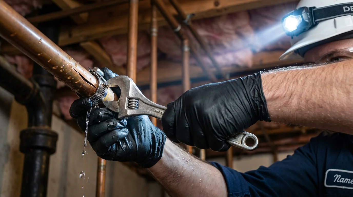 Emergency pipe clamp repair being performed by a Johns Plumbing LLC plumber in Hampton Bays