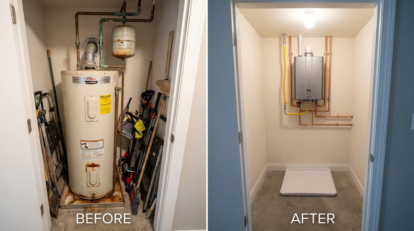 Tank water heater versus wall-mounted tankless unit comparison for Hampton Bays, NY homeowners