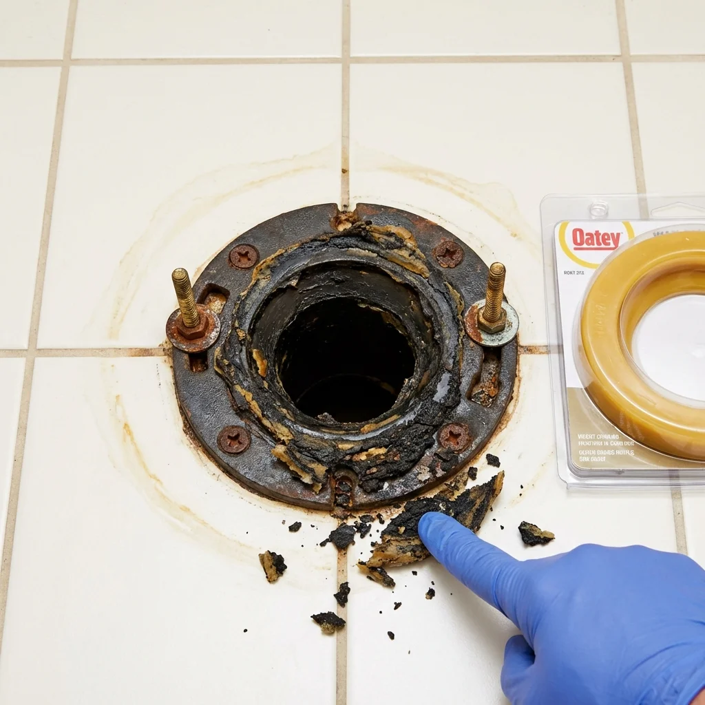 Failed wax ring showing water seepage at the base of a toilet in a Hampton Bays, NY home