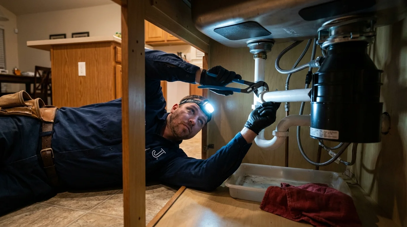 P-trap and supply line connections under a kitchen sink showing a common leak point in Hampton Bays, NY
